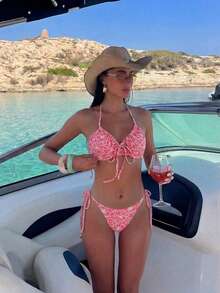 Swim Mod Sweet And Lovely Pink Floral Textured Bikini Swimsuit Set For Women,Pink Floral Pattern Drawstring Underwire Bikini Swimwear Set With Side Tie - Multicolor - View 6