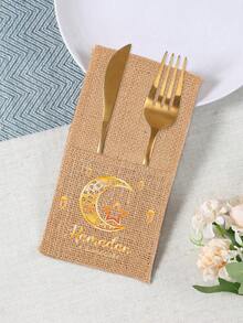 5Pcs Eid Burlap Cutlery Bags With Moon Star Lantern Print, Linen Silverware Pouches. Ideal Decor & Gifts For Ramadan, Eid Al-Adha, Muslim Party And Daily Kitchen Use. - Khaki - View 6