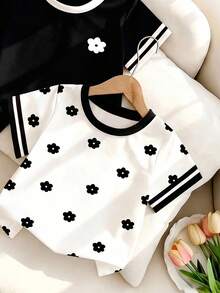 SHEIN Playful Pals 2件組女童幼兒夏季新款柔軟面料圓領可愛碎花印花短袖寬鬆簡約百搭T恤，休閒百搭日常穿著 - 彩色 - 查看 5