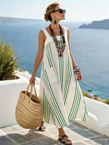 EMERY ROSE Women's Striped Print Sleeveless Dress With Large Pockets - Multicolor - View 5