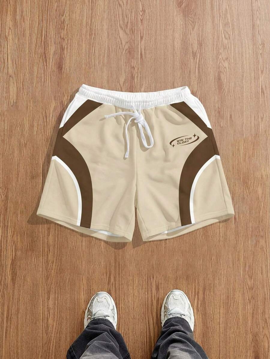 Manfinity Joysei Pantalones cortos holgados con estampado de bloques de color para hombre, adecuados para uso al aire libre en verano, vacaciones - Caqui - Ver 1