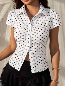 SHEIN EZwear White And Black Polka Dot Woven Polka Dot Fitted Women's Shirt Everyday Date Summer French Victorian Vintage - White - View 6