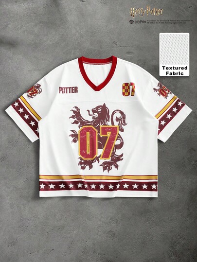 HARRY POTTER X SHEIN PAVTROS T-shirt à manches courtes col rond avec imprimé lettre et étoile, et bordure contrastée, style décontracté pour l'été
