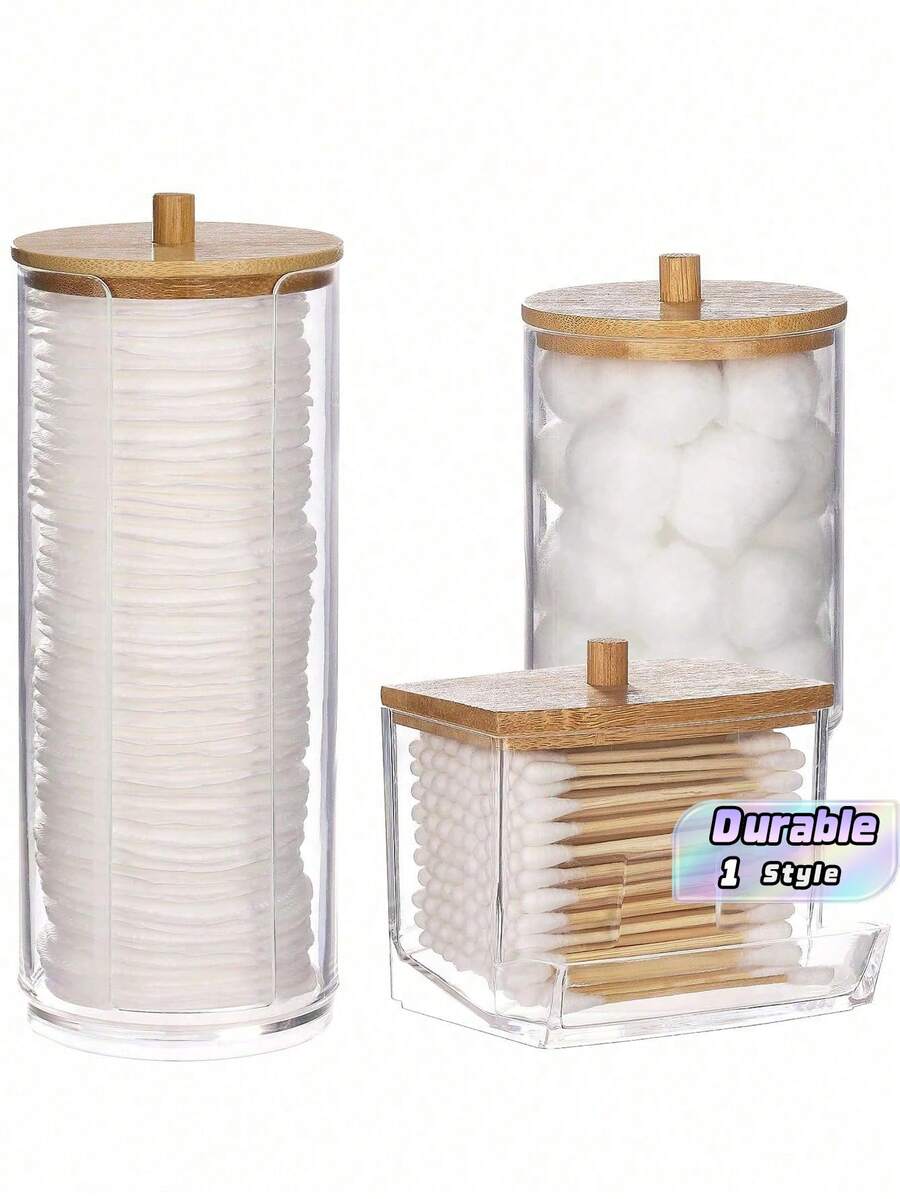 Ball Dispenser 3 Pieces Set, Round Pad, Clear Plastic Bottle Set With Dental Floss, Bathroom Storage Box, Cosmetic Organizer With Wooden Lid For Dressing Table, Vacation, Beach, Bathroom, Bedroom, Large Capacity. - Multicolor - View 1