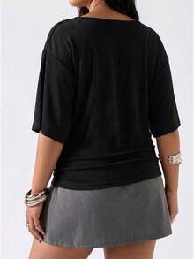 SHEIN EZwear 黑色大尺碼V領蝙蝠袖收腰T恤，適合日常穿著 - 黑色 - 查看 2