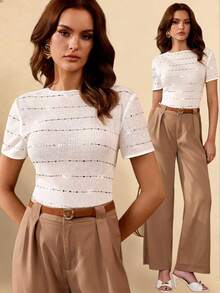 Selenza Summer Women's Elegant Vacation Beach Party Rave Casual Commute Sequin Knit Texture Hollow Out Lightweight T-Shirt White And Silver - White - View 3