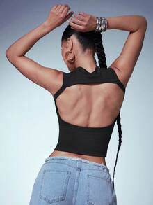 Denimoi Women's Solid Color Backless Round Neck Sleeveless Tight Crop Top, Summer Golf Pastal Sexy - Black - View 2