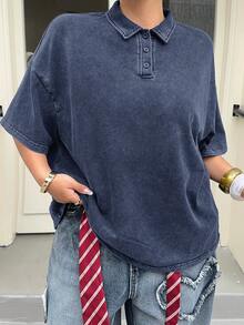 Muchica Summer Casual Vintage Navy Blue Plus Size T-Shirt Graduation - Navy Blue - View 5