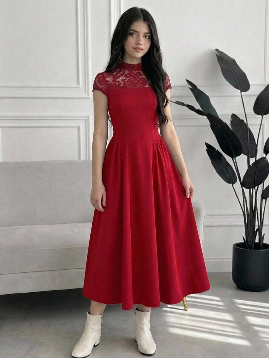 Teen Girl Spring/Summer Elegant Lace Patchwork Long Dress, Dress, Stand Collar Short Sleeve Cinched Waist Ruched Full Skirt Dress, - Burgundy - View 1