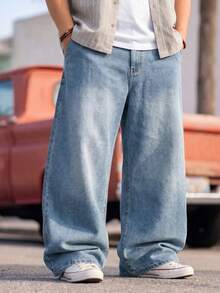 Athstrex Plus Size Men's Loose Fit Wide Leg Casual Versatile Jeans - Blue - View 1