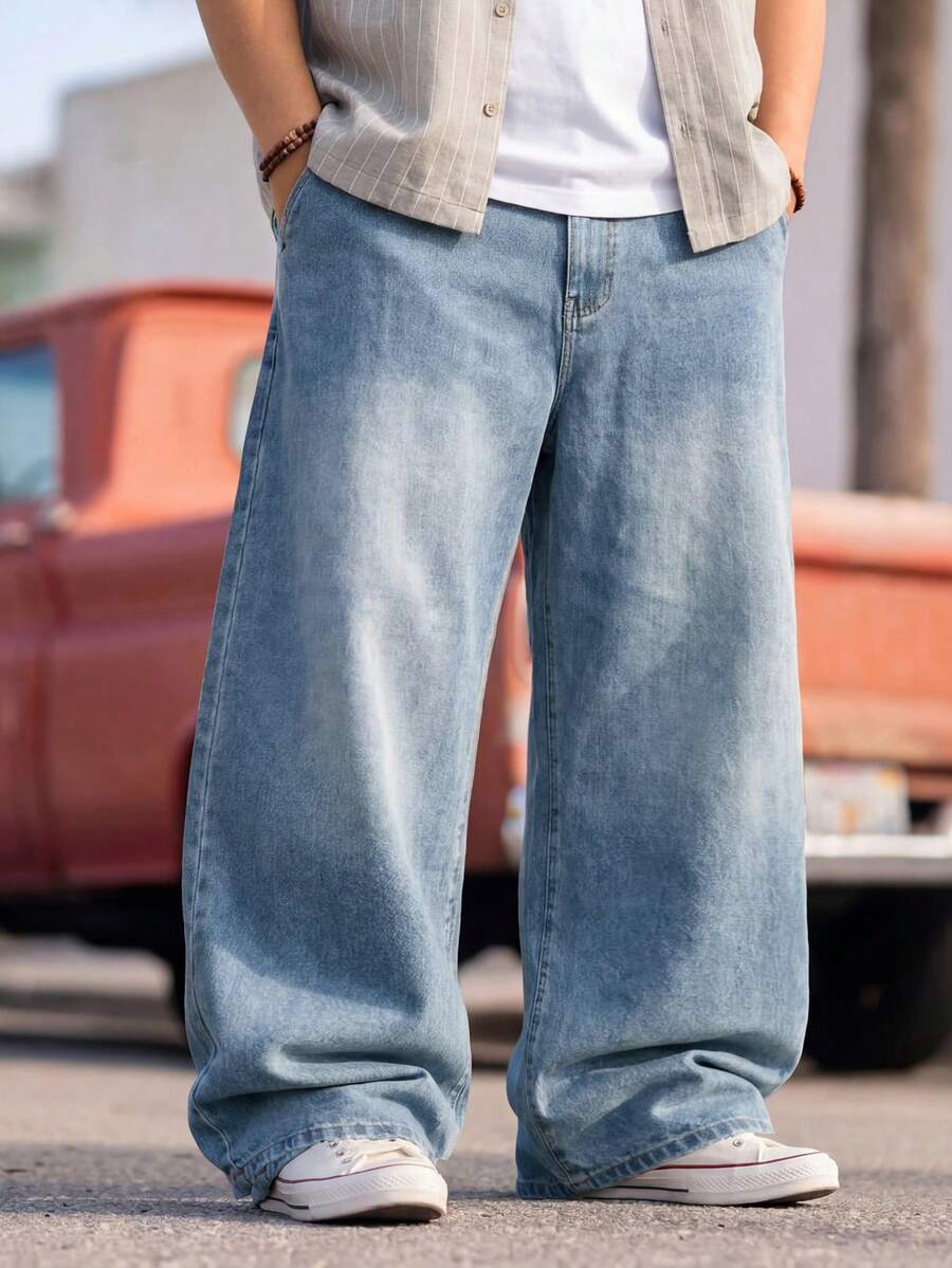 Athstrex Plus Size Men's Loose Fit Wide Leg Casual Versatile Jeans - Blue - View 1