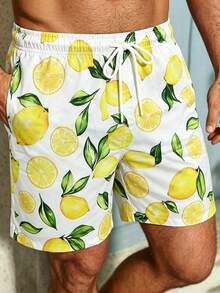 Manfinity Swimmode 男士全印花夏季休闲沙滩短裤，带口袋和抽绳 - 白色 - 查看 6