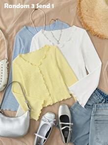 SHEIN Ragazza pre-adolescente casual quotidiano maglia con colletto arricciato bianco aderente apertura frontale maniche lunghe a campana - Bianco - Visualizzare 1