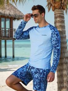 ZELFYO Conjunto de camiseta de natación de manga larga con cuello redondo y estampado botánico y bañador para hombre, vacaciones - Celeste - Ver 4