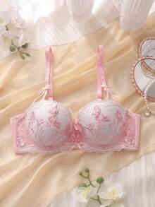 DelicateAllure 1pc Embroidered Mesh Babydoll Lingerie Set, Padded Cup With Underwire, Intimate Sleepwear For Summer Holiday, Pink Girly Women's Bra - Pink - View 1