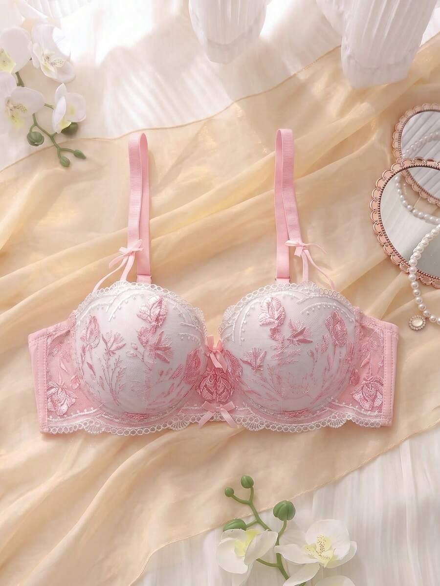 DelicateAllure 1pc Embroidered Mesh Babydoll Lingerie Set, Padded Cup With Underwire, Intimate Sleepwear For Summer Holiday, Pink Girly Women's Bra - Pink - View 1