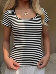 SHEIN Tween Girl Tween Girls Casual Everyday Comfortable Scoop Neck Striped Short Sleeve T-Shirt - Multicolor - View 1