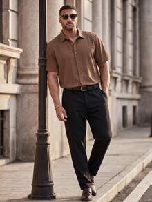 COMVAIL Camisa básica casual de manga corta con botones para hombres de talla grande, ideal para vacaciones - Marrón - Ver 3