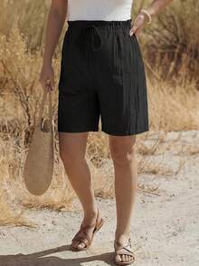 Boho Mama Maternity Textured Adjustable Waist Fashionable Versatile Solid Color Tie-Up Shorts - Black - View 4