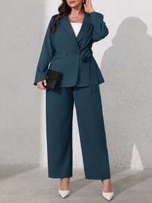 SHEIN Clasi Set de 2 piezas Traje de chaqueta y pantalones con manga larga y flores 3D para mujer talla grande - Azul - Ver 4