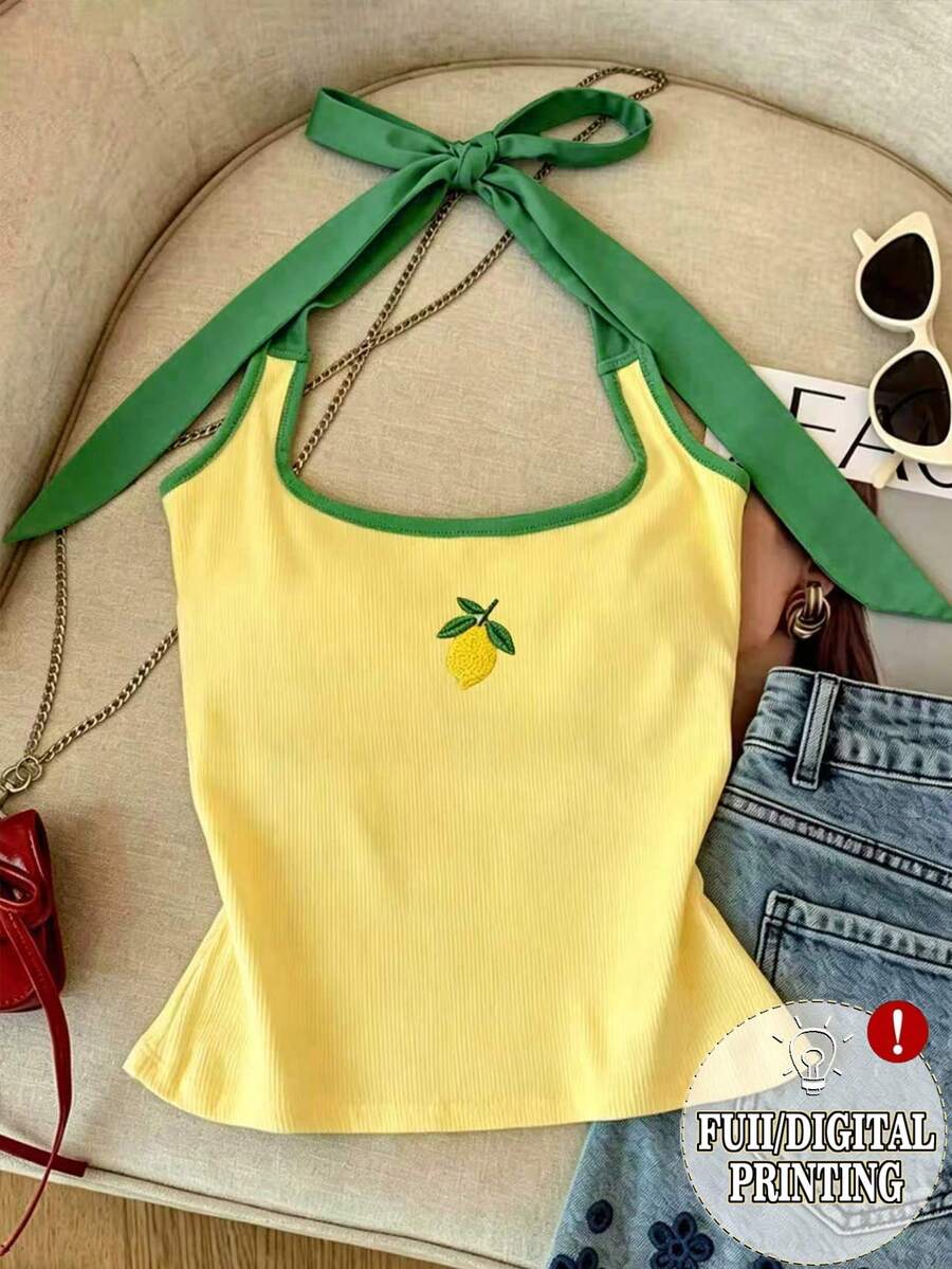 Resyla Women's Colorblock Halter Neck Tie-Up Lemon Embroidery Pattern Casual Versatile Daily Outing Top - Multicolor - View 1