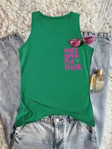 DrmWander Plus Size Vacation Casual Letter Print Tank Top - Green - View 2
