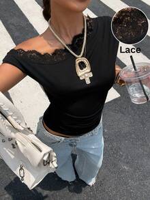 Muchica Women's Sweet Elegant Sexy Lace Patchwork Asymmetric Shoulder Fitted T-Shirt Night Black Summer - Black - View 2