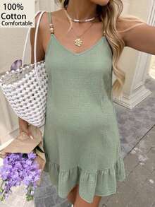 SHEIN 孕婦度假休閒素色細肩帶洋裝 - 綠色 - 查看 3