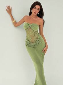 Glamine Vestido largo sexy para mujer de chica atractiva, verde, de punto, con torsión frontal, busto moldeador, cintura con empalme, bajo con volantes de encaje, adecuado para playa, Día de San Valentín, fiesta, ceremonia de graduación, evento de moda, carnaval, vacaciones, invitada de boda, cita, fiesta, concierto - Verde - Ver 6