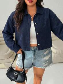 SHEIN EZwear Women's Plus Size Navy Blue Casual Everyday Single-Breasted Jacket Fall - Navy Blue - View 3