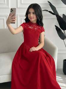 Teen Girl Spring/Summer Elegant Lace Patchwork Long Dress, Dress, Stand Collar Short Sleeve Cinched Waist Ruched Full Skirt Dress, - Burgundy - View 4