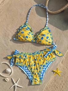 SHEIN Kids Tween Girls Beach Outfit Summer Outfits Vacation Outfits Flower Yellow Vintage Colorful Plaid Floral Printed Ruffle Tie Front Decor Beach Bikini Set For Summer - Yellow - View 9
