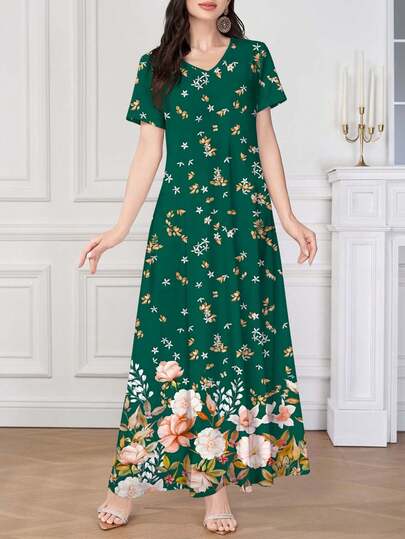 SHEIN Najma Women's Green Elegant V-Neck Spring/Summer Knit Short Sleeve Fresh Floral Pattern Dress, Versatile For Outerwear Or Layering, Suitable For Work, Dating, Vacation, Daily, Casual, Party, Holiday Dressing, Spring/Summer Women's Long Dress, Floral Long Dress Vintage Dress, Fresh Floral Pattern Dress, Green Dress, Vacation Dress