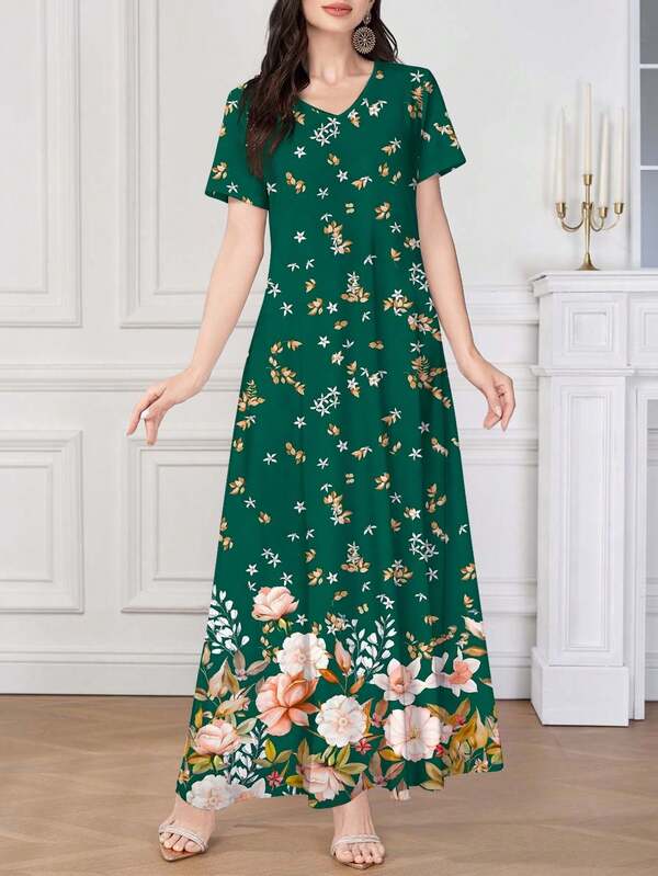 SHEIN Najma Women's Green Elegant V-Neck Spring/Summer Knit Short Sleeve Fresh Floral Pattern Dress, Versatile For Outerwear Or Layering, Suitable For Work, Dating, Vacation, Daily, Casual, Party, Holiday Dressing, Spring/Summer Women's Long Dress, Floral Long Dress Vintage Dress, Fresh Floral Pattern Dress, Green Dress, Vacation Dress
