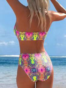 Swim Lushoire Women's Summer Vacation Beach Retro Print Detachable Spaghetti Strap High Waist Bikini Set - Multicolor - View 2