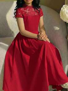 Teen Girl Spring/Summer Elegant Lace Patchwork Long Dress, Dress, Stand Collar Short Sleeve Cinched Waist Ruched Full Skirt Dress, - Burgundy - View 5