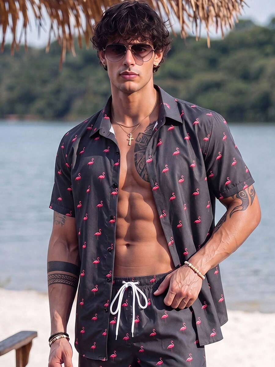 Ironwick 男士時尚火烈鳥圖案印花單排扣短袖運動襯衫,健身房適用 - 彩色 - 查看 1