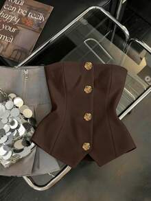 Franclia Women's Exquisite Metal Flower Buckle Business Versatile Strapless Top For Banquet - Coffee Brown - View 3