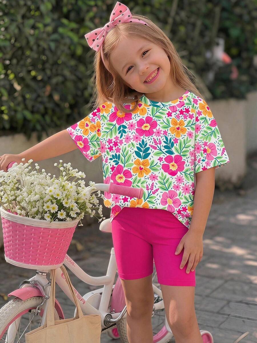 Emery Rose Kids Emery Rose Kids 2件組少女休閒花卉印花短袖圓領T恤與短褲套裝,適合夏季穿搭 - 彩色 - 查看 1