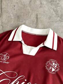 AXEPEAK Men's Colorblock Patchwork Letter Print Polo Shirt - Red - View 5