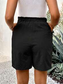 Boho Mama Maternity Textured Adjustable Waist Fashionable Versatile Solid Color Tie-Up Shorts - Black - View 11