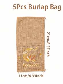 5Pcs Eid Burlap Cutlery Bags With Moon Star Lantern Print, Linen Silverware Pouches. Ideal Decor & Gifts For Ramadan, Eid Al-Adha, Muslim Party And Daily Kitchen Use. - Khaki - View 3