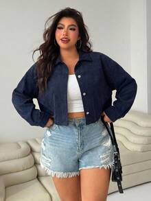 SHEIN EZwear Women's Plus Size Navy Blue Casual Everyday Single-Breasted Jacket Fall - Navy Blue - View 1