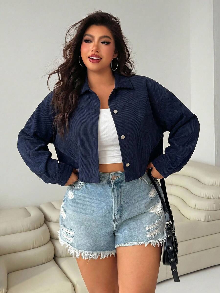 SHEIN EZwear Women's Plus Size Navy Blue Casual Everyday Single-Breasted Jacket Fall - Navy Blue - View 1