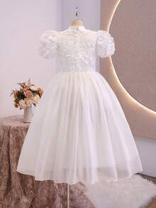 Vestido de niña de organza premium con bordado floral, cuello alto, mangas abullonadas exageradas, cintura ceñida, falda completa, decoración de perlas, largo medio, tela ligera y suave, adecuado para vacaciones, graduación, regreso a la escuela, temporada de bodas, fiestas formales y eventos - Blanco - Ver 2