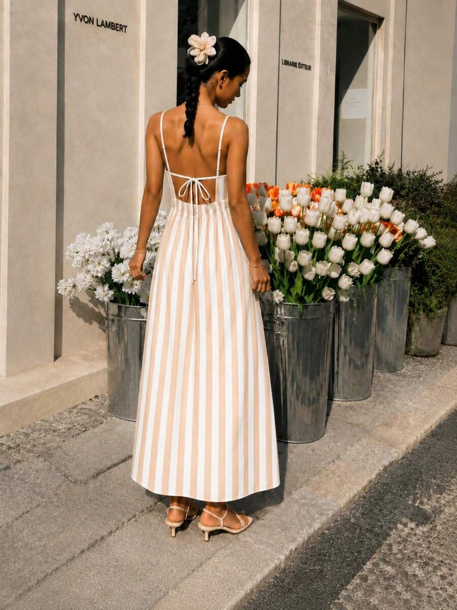 Cévolie Women's Striped Print Backless Knot Summer Camisole Dress - Light Grey - View 1