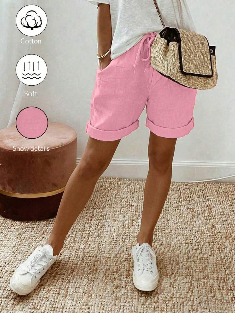 SHEIN Holidaya 女款夏季新款棉麻休閒抽繩捲邊短褲，採用棉麻紋理面料，搭配彈性腰抽繩設計與捲邊細節，呈現隨興且時尚的造型，適合日常出遊、度假或輕便休閒場合，是休閒抽繩短褲類別中的百搭單品，卡其色優質褲款，寬鬆顯瘦長褲 - 粉色 - 查看 1