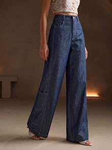 Anewsta Autumn Holiday Outfits Navy Blue Modern Casual Fashion Non-Denim Design Commuter Everyday Women Wide Leg Pants - Navy Blue - View 1