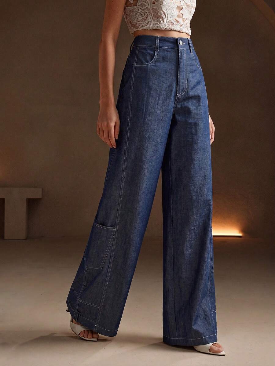 Anewsta Autumn Holiday Outfits Navy Blue Modern Casual Fashion Non-Denim Design Commuter Everyday Women Wide Leg Pants - Navy Blue - View 1
