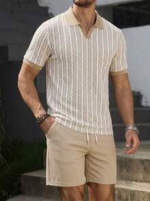 VENTUSAIL Men's Short Sleeve Textured Fabric Contrast Collar Polo Shirt & Shorts Set, Suitable For Home, Outing, Party And Vacation Wear, Holiday - Khaki - View 3